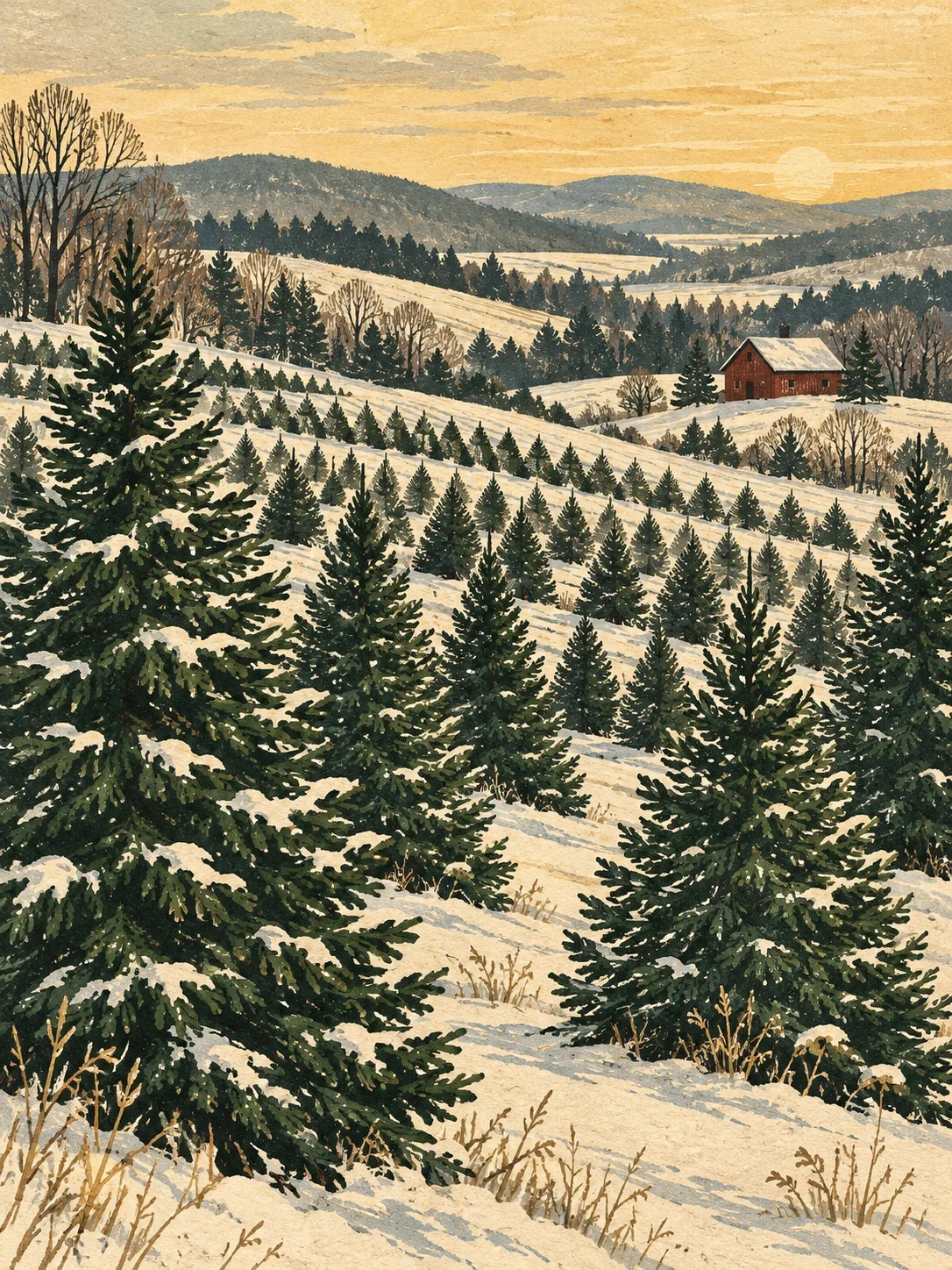 Winter illustration of evergreen rows across snowy hills, with a red barn in the distance.
